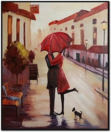 Red Umbrella Couple Painting Canvas Art Wall Decor Print, Kissing Couple in Rain with Dog Romantic Painting Print Wall Art