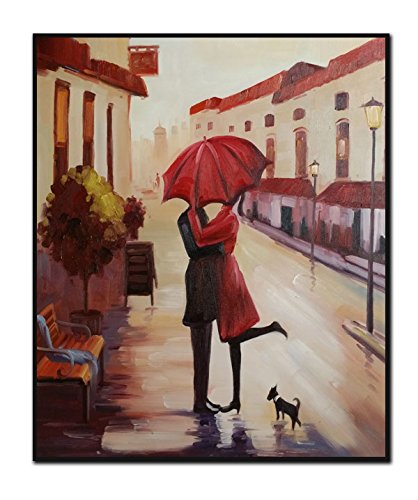 Red Umbrella Couple Painting Canvas Art Wall Decor Print, Kissing Couple in Rain with Dog Romantic Painting Print Wall Art
