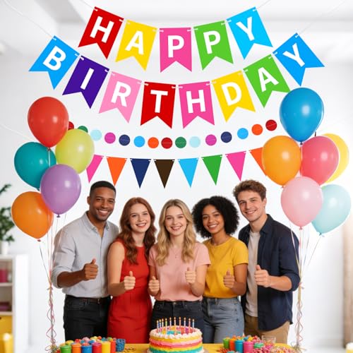 Image of Colorful Happy Birthday Banner Hanging Sign Circle Dot Triangle Bunting