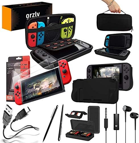 Orzly Switch Accessories Bundle - Includes Carry Case for Nintendo Switch Console, Tempered Glass Screen Protectors, USB Charging Cable, Switch Games Case, Comfort Grip Case & Headphones [Z&Z Edition] image 2