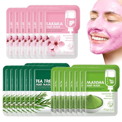 VEROA 21 Pieces Clay Mask - Natural Cherry Blossom/Tea Tree/Green Tea Face Mask - Deep Cleansing Anti Aging Brightening Hydrating Face Mask for All Skin Types Face Masks Skincare - 5g*21