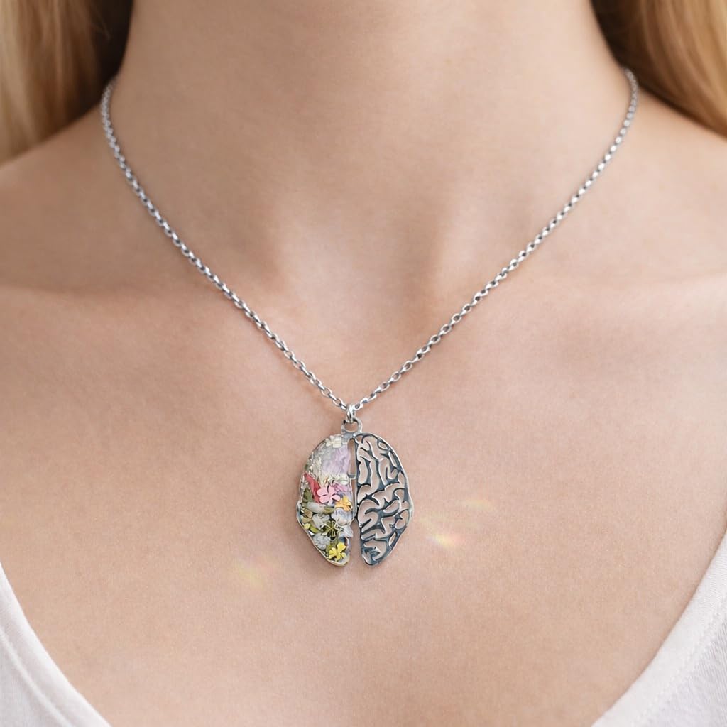 Generico BeFloral Collana Donna Acciaio Inossidabile Argento, Ciondolo Cervello con Fiori Veri in Resina (Botanico + Traforato), Idea Regalo Psicologa/Medico/Laurea