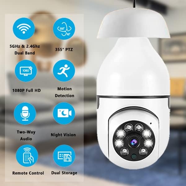 yewacne Light Bulb Security Camera Wireless Outdoor, 2.4GHz & 5GHz Light Socket 360° Home Security Camera, 2-Way Audio, Motion Detection & Alarm, Compatible with Alexa