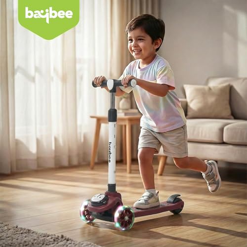 Image of Baybee Frosto Kick Scooter for Kids | Foldable Kids Scooter with 3 Height Adjustment Handle & LED Wheels | Runner Scooters with Foot Brake | Skate Scooters for Kid 2 to 10 Years Boys Girls (RED /BLACK)