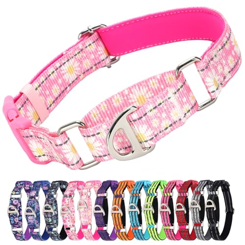 MAOWUWUJOZ Martingale Collar for Dogs - Pink Daisy Reflective Nylon, No Slip Choke Heavy Duty Collar with Quick Release Buckle & Padded Comfort - Safe Fit for Training & Walking Medium