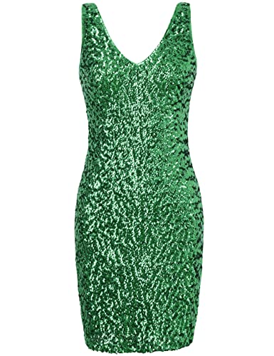 Image of PrettyGuide Women Sexy Deep V Neck Sequin Glitter Bodycon Stretchy Mini Party Dress L Green