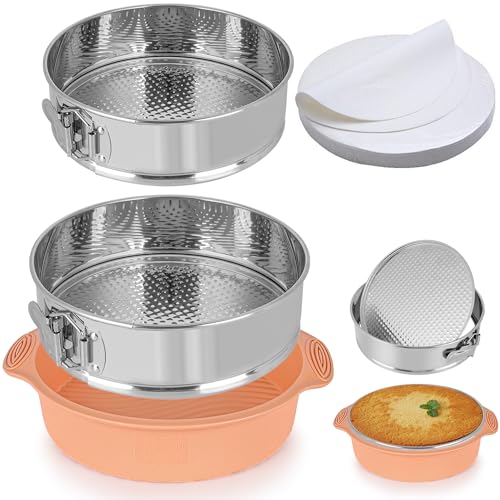 7 Inch & 9 Inch Nonstick Cheesecake Pan Springform Pan Sets for Baking, 304 Stainless Steel Round Cake Pans with Silicone Pan Protector & 50PCS Parchment Paper, Removable Bottom & Dishwasher Safe