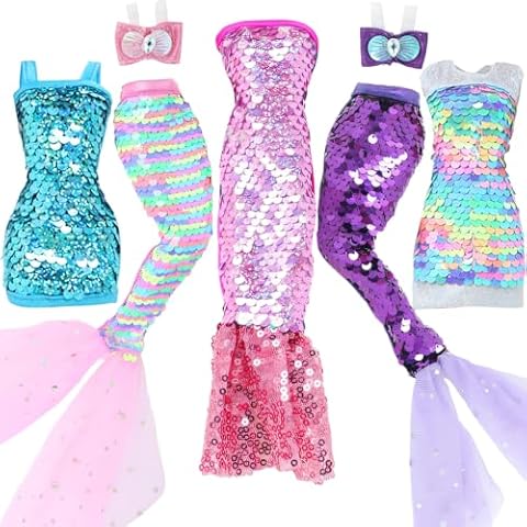 BLIJOLA Doll Clothes 5 Sets Sequins Dresses for 11.5 inch Girl Doll Including 2 Mermaid Clothes Swimwear 1 Evening Dress 2 Casual Dresses Party Outfits Fashion Show(Sequin A) Cover