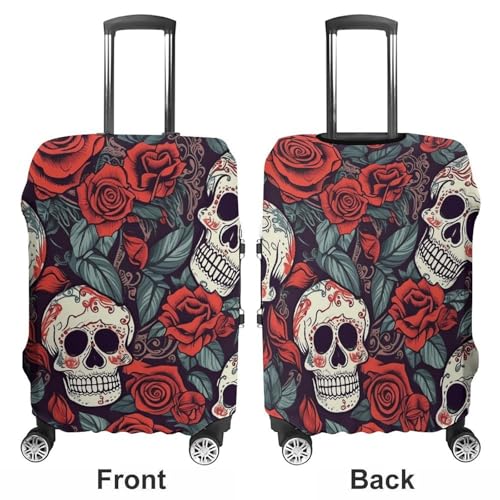 Sugar Skulls And Red Roses Elastic Luggage Cover Suitcase Protector for 19-32 Inch Suitcases | Universal Stretchable Travel Bag Cover | Anti-Scratch, Washable with Zipper Closure S3