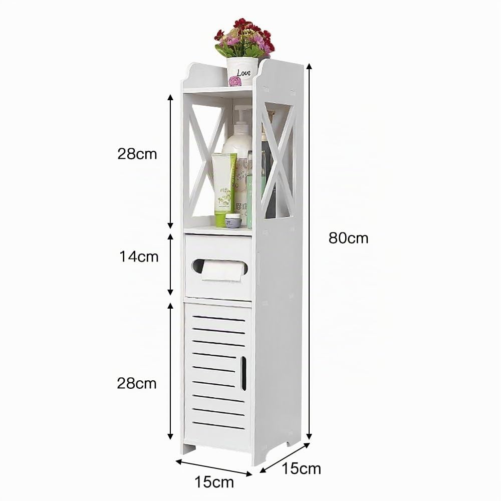 HUOLE Kleiner Schrank für Toilette, Toilettenpapierhalter, WC-Bürstenhalter, Badezimmerschrank auf Holzfuß, Badezimmerschrank (15 x 15 x 80 cm, weiß)