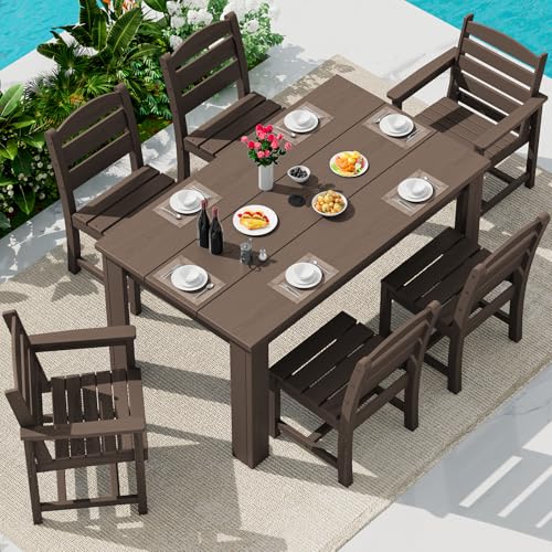 Image of SERWALL 59 inch HDPE Patio Dining Set for 6, w / 1 Table & 6 Chairs, Coffee | Armless Patio Dining Sets for All Weather Use