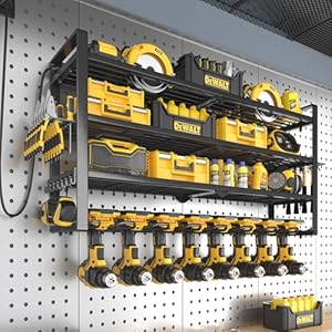 SOYEEZE Power Tool Organizer with Charging Station Wall Mount- Garage Storage Rack 8 Cordless Drills Holder 4 Layer Utility Tool box Organization & Shelf For Workshops Toolrooms Carport Utilityroom