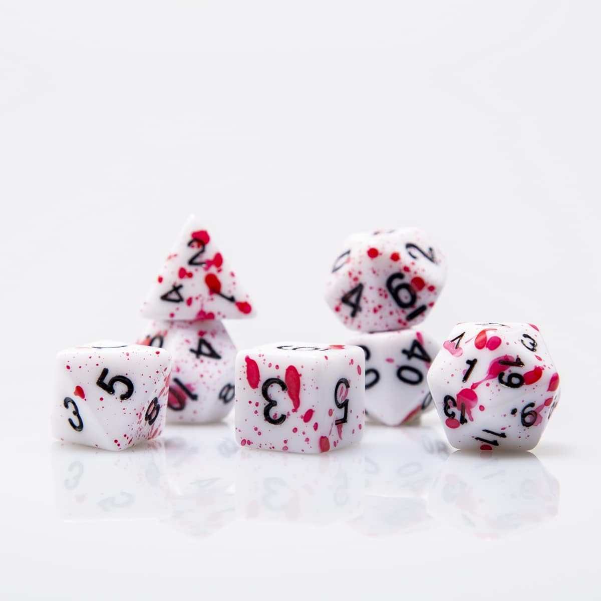 Red Dice FLASHOWL D&D D20 Set with Irregular Spray Red Dots Splatter Polyhedral Role Playing Gaming Dice W20 Dices Set of 7