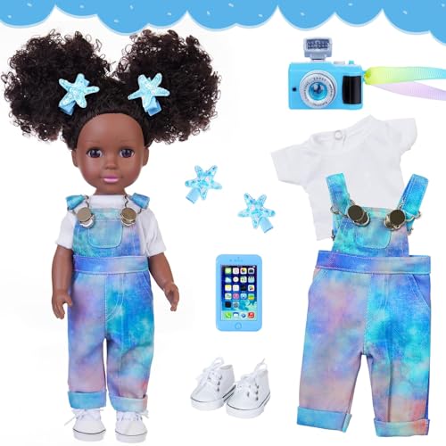 ZITA ELEMENT Black African Baby Doll 14 Inch Silicone Black Doll Set with White T-Shirt, Blue Tie-Dye Bib Pants, and Accessories - Delightful Gift for Girls (Including Doll)
