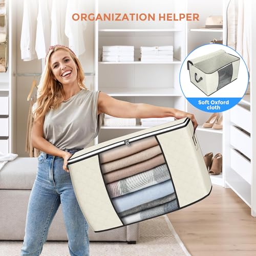 Image of 90L Large Storage Bags, 10 Pack Clothes Storage Bins Closet Organizers | Foldable Storage Containers, with Reinforced Handle, for Clothing, Blanket, Comforters, Bed Sheets, Pillows and Toys,Beige