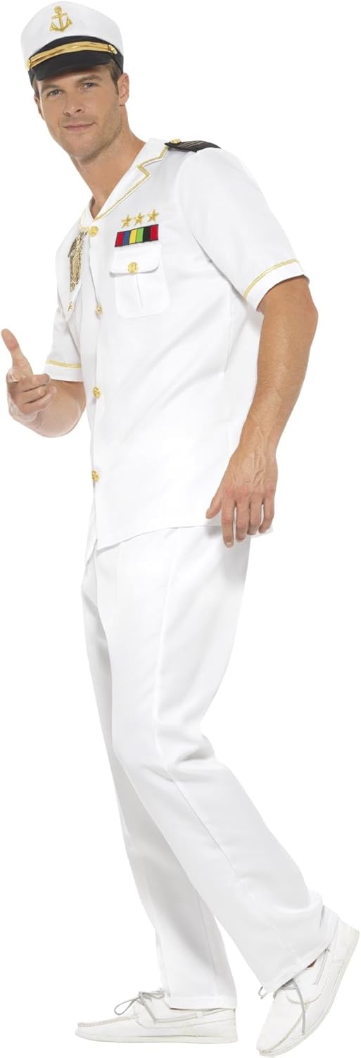 Smiffy's Men's Captain Costume with Jacket Trousers Cap and Gloves, White L - US Size 42"-44"