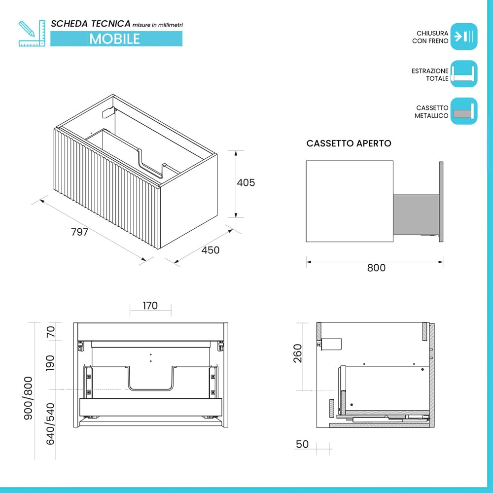 Mobile Da Bagno Sospeso 80 Cm Color Noce Maya Cannettato In MDF Rivestito in PVC Con Cassetto E Maniglia A Chiusura Rallentata E Lavabo In Ceramica Linea Nara
