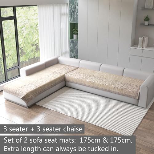 Image of Nendle Superior Velvet Floral Sofa Mat 6 Seater Set Cover Durable Protector for Living Room Sofa Set 3+3, Suitable for L Shape, Sectional and U Shape Sofa (Beige, Pack of 2)