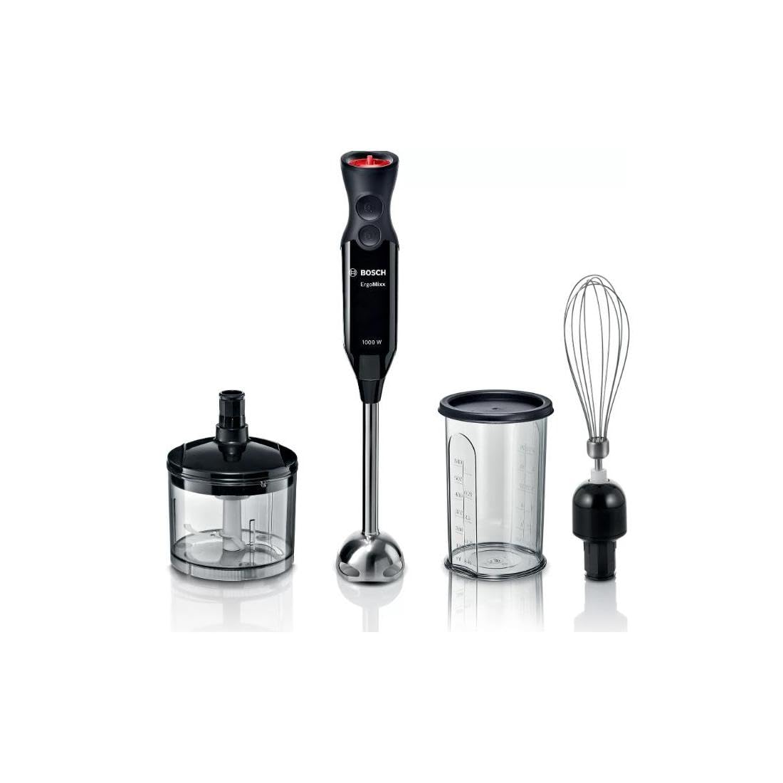 Bosch Mélangeur à Plongée MS61B6150, 1000 W, poignée ergonomique, lame à 4 ailes en acier inoxydable, 12 vitesses et fonction Turbo, accessoire hachoir et fouet, verre gradué, noir