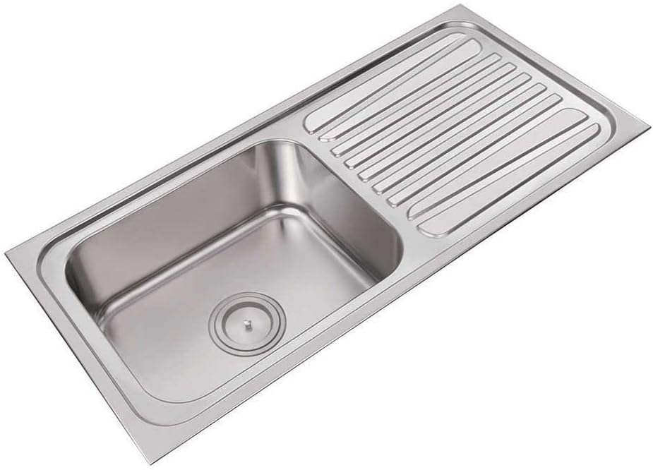 37x18x8 Bowl Sink with Drain Board, Silver, Chrome Finish, Stainless Steel