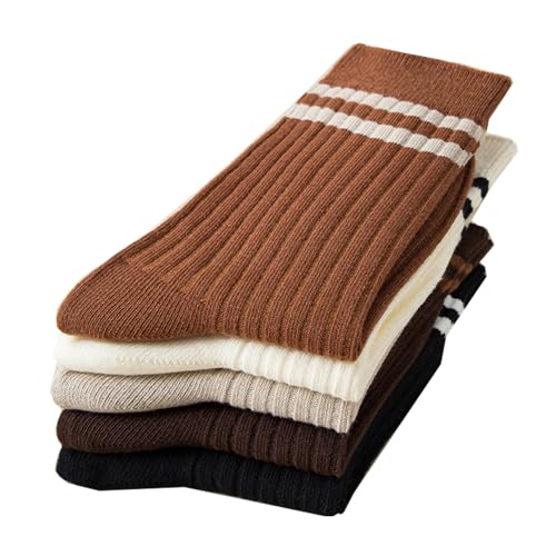 Image of Deeorla Womens Striped Crew Socks Brown Vintage Retro Athletic Socks 5 Pairs