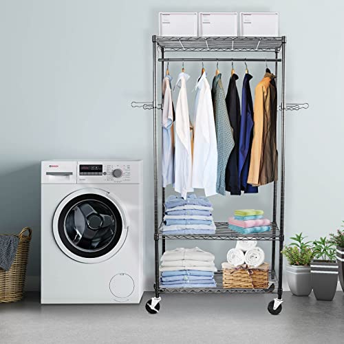 Image of WDT 3-Tier Metal Rack Heavy Duty Shelving with Wheels, Metal Stroage Rack with Shelves, Freestanding Shelf with Hanging Rod, Max Load 750LBS,35 inch Wx18 Dx74.4 H