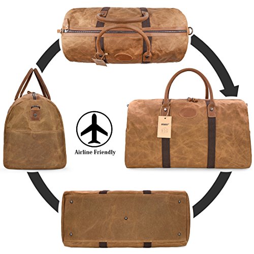 Travel Duffel Bag Waterproof Canvas Overnight Bag Leather Weekend Oversized Carryon Handbag Brown