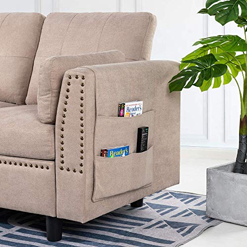 JY QAQA Convertible Sectional Sofa Couch with Reversible Chaise, L-Shaped Couch 4-seat Sofas with Modern Chenille Fabric for Living Room(Dark Khaki) - Thumbnail 3