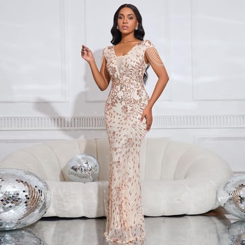 Image of dasmzper Women Sequin Elegant Sexy Tassel Bead Sleeve Mesh Perspective Bodycon Party Cocktail Evening Dress
