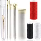 PECMER Sewing Needles, Stainless Steel Sewing Needles for Hand Sewing, Assorted Sizes, 3-Color Threads for Repair Sewing Needles Large Eye Embroidery Thread Needle