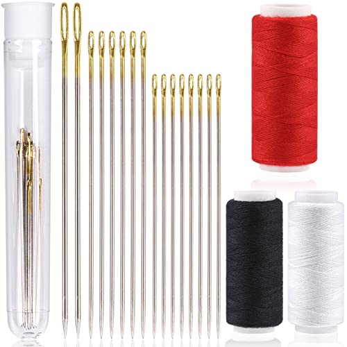 PECMER Sewing Needles, Stainless Steel Sewing Needles for Hand Sewing, Assorted Sizes, 3-Color Threads for Repair Sewing Needles Large Eye Embroidery Thread Needle