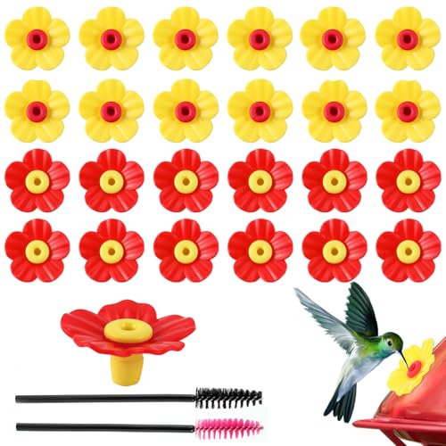 24 Pieces Hummingbird Feeders Replacement Flowers Pet Bird Feeder Replacement Feeding Ports with 2 Cleaning Brushes for Outdoor Hanging Feeders(Red+Yellow)