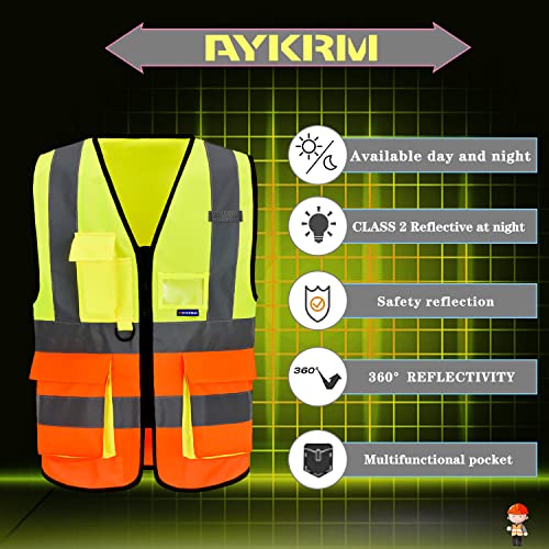 Image of Reflective Safety Vest, Radio Mic Loop, Zipper, Yellow /Orange, XS | Yellow /Orange XS safety vest with reinforced pockets, clear ID holder and mic tabs for traffic control; unisex workwear.