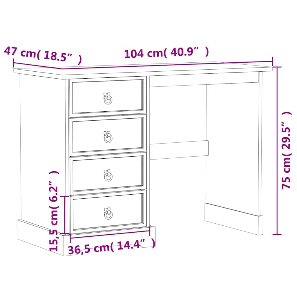 Toeletta Corona 104x47x75 cm in Legno Massello di Pino | Elegante tavolo da trucco per la camera da letto con quattro cassetti spaziosi e resistenti maniglie in metallo.