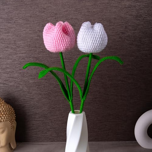 Image of Tulip Crochet Flowers | Handcrafted Artificial Faux Woolen Flower with Long Stem | Natural Looking Knitted Flower for Home, Living Room, Vase & Bouquet Decoration & Gifting | White & Baby Pink