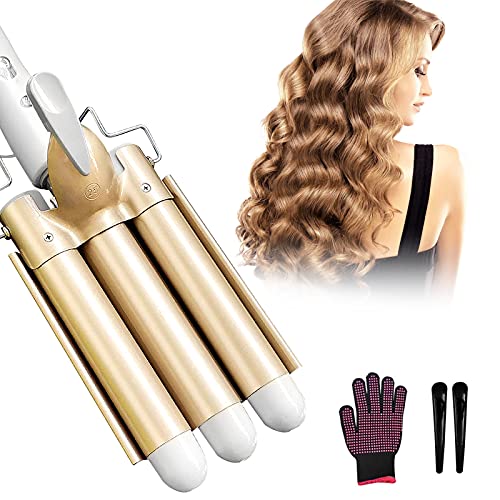 Newlemo 3 Barrel Curling Iron, Crimper Hair Iron -1Inch, Temperature Adjustable Portable Curling Wand, 25mm Hair Crimper Quickly Ceramic Tourmaline for Women/Girl with Heat Resistant Glove(Champagne)