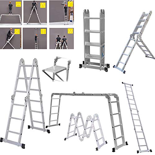 4.7M 15.5Ft Multi-Purpose Folding Aluminium Ladder 16 Steps Foldable Step Stair Ladder Decorating Ladder Combination Step Ladder Building Ladder with Safety Tool Platform for Indoor Outdoor Works