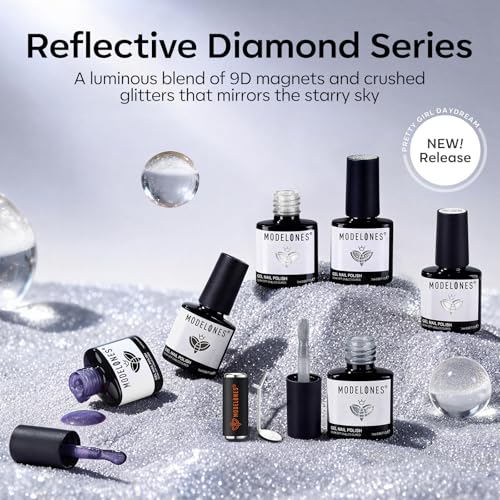 Image of modelones Gel Nail Polish Set with French Tip and heart cat eye magnet, 6 Colors Jelly Sheer Black White Cat Eye Silver Blue Purple Glitter Gel Polish Kit Soak Off UV Salon DIY at Home Gift for Women