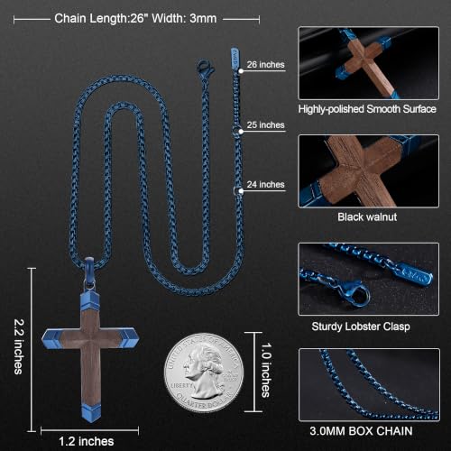 Image of Wooden Cross Necklace for Men with Stainless Steel Adjustable Chain 24-26in, Christian Wood Crucifix Pendant Gift for Him