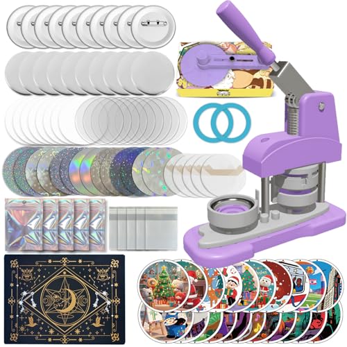 Button Maker Machine 58mm (2.25 inch) DIY Button Pin Maker Machine Comes with Free Button Parts Circle Cutter Cutting Board Pattern Paper Holographic Bags Colored Film and Protective Case