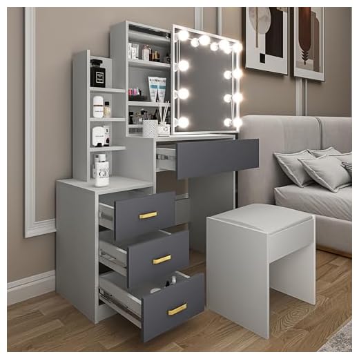 Blisswood Dressing Table with Mirror and Stool, 4 Drawer 3 open Storage Shelves and 3 Hidden Shelves with LED Bulbs, Modern Makeup Table for Bedroom & Living Room (Grey/Silver Grey)