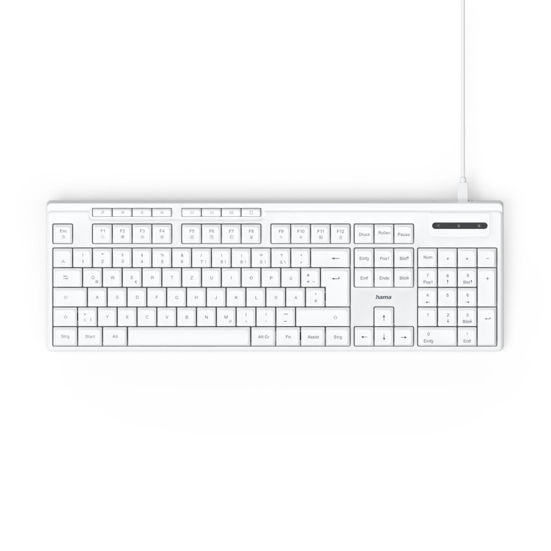 Hama Tastiera cablata CK-​200 (tastiera USB, sensazione di digitazione ergonomica, tasti silenziosi, cavo rimovibile, layout tedesco QWERTZ, tasti multimediali, tasto Assist per assistenti AI) bianco