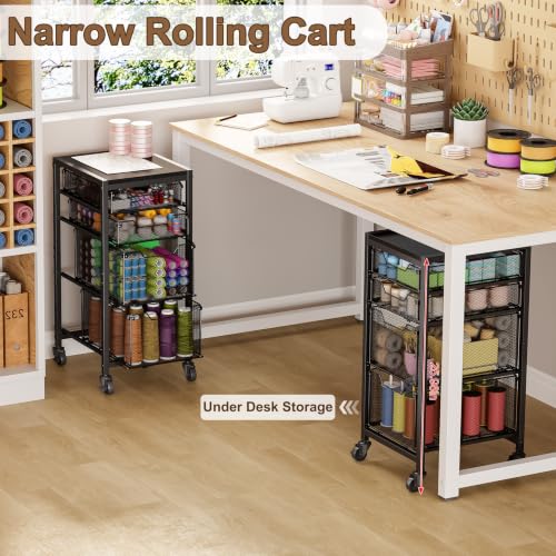 Image of Rolling Storage Cart with Drawers, Under Desk Storage with Wooden Tabletop & Lockable Wheels, 4-Tier Storage Drawers for Bathroom, Craft, Office, Black