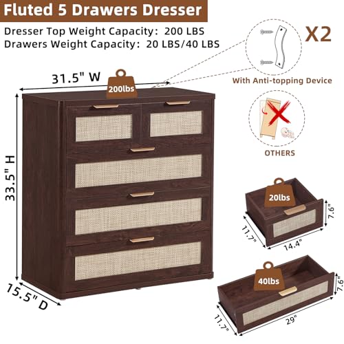 Image of LEYAOYAO Dresser for Bedroom Set of 2, 33.5 inch Tall Chest of Drawers, Modern 5 Drawers Boho Rattan Dressers with Storage, Dresser Wooden Closet Organizer for Living Room, Hallway