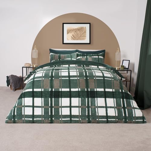 OHS Forest Green Christmas King Size Duvet Cover Teddy Fleece Check