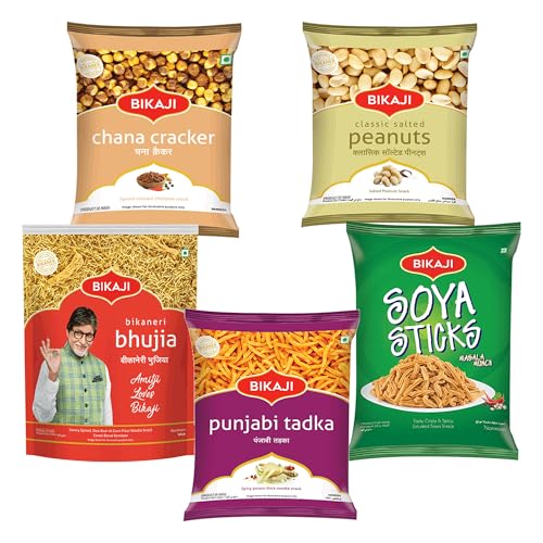 Bikaji Snacks Combo – SOYA STICKS & SALTED PEANUT & BHUJIA & PUNJABI TADKA & ROASTED CHANA CRACKER | 5 Pack Variety | Bar Snacks, Party Mix & Tea-Time Treats – 1 Kg