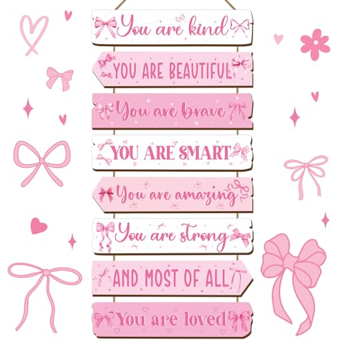 Qunclay Inspirational Girl Room Decor Aesthetic Art Wall Hanging Sign Inspiring Colorful Rainbow Wooden Decoration for Kids Toddler Boy Baby Bedroom Nursery Dorm Decor, 6-12 Years (Pink Bow)