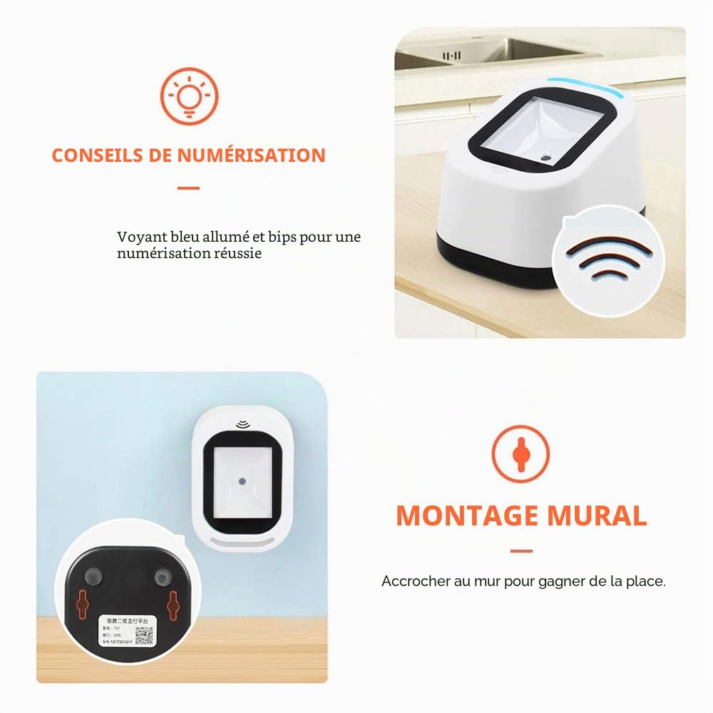 Scanner de codes-barres filaire USB polyvalent Scanning de codes QR 1D et 2D Lecteur pour supermarchés/magasins