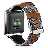 SKYLET Compatible with Fitbit Blaze Bands with Silver Frame, Canvas Fabric Genuine Leather...