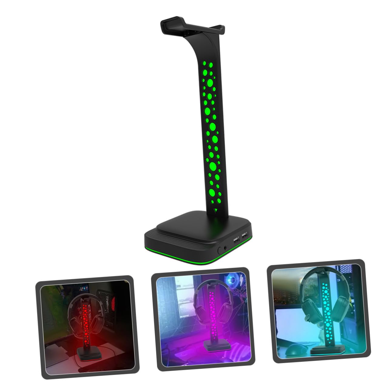 Soporte para Auriculares de Mesa con Luz RGB Ajustable Base Antideslizante Doble USB Hub y Conector Aux Compatible con PC y Gaming